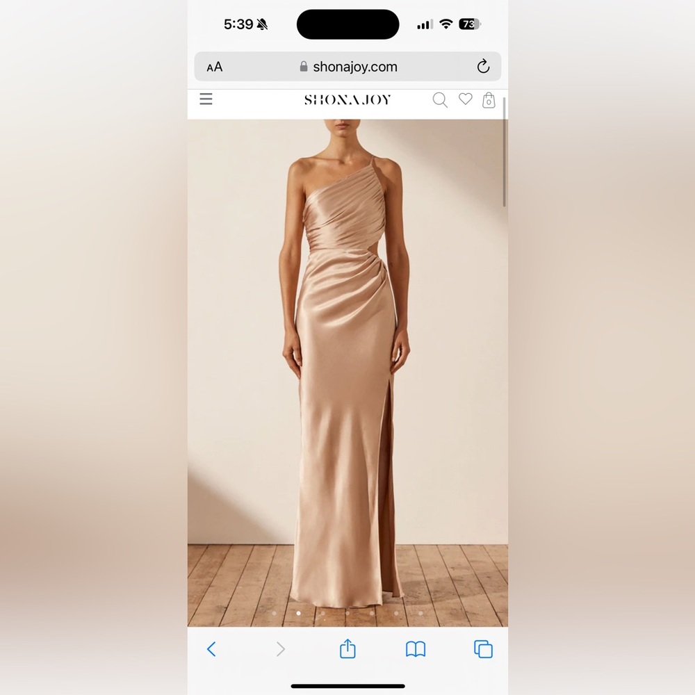 Shona Joy One-Shoulder Satin Gown in Champagne